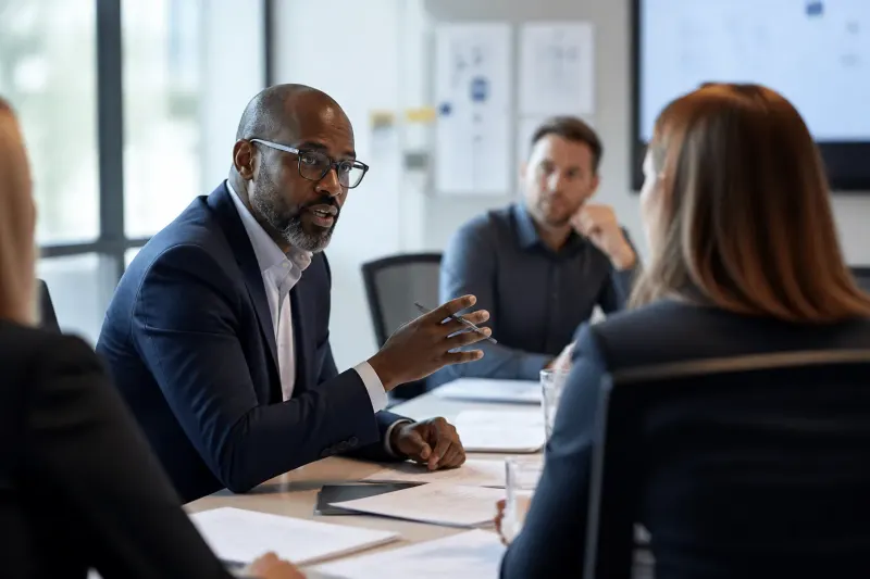 A CISO engaging with a business team during a strategy meeting.