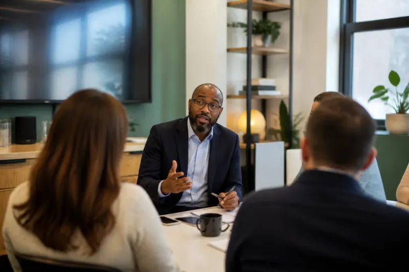 A proactive CISO involved in a client meeting reviewing security proposals.