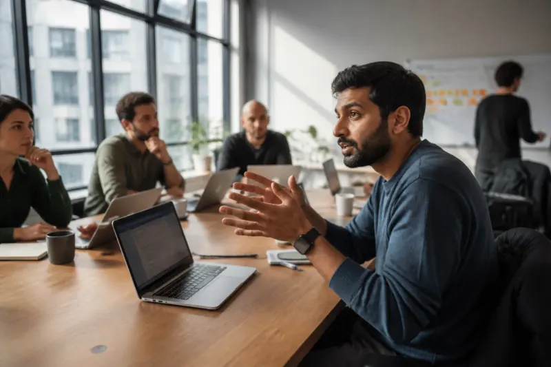 An open-source software meeting with developers discussing AI-generated code