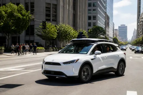 Guident robotaxi navigating urban streets with passengers