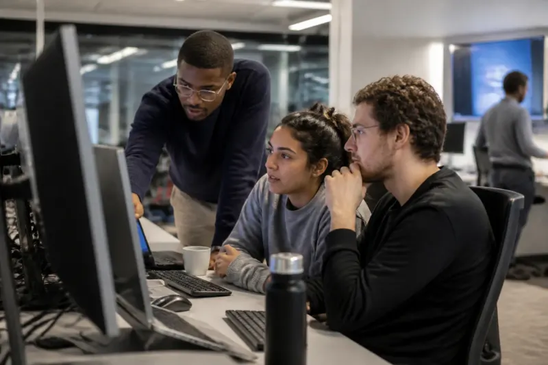 A workstation equipped with monitors showing code snippets and AI models being analyzed.