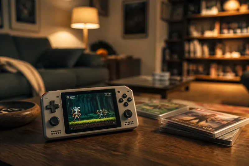 Konkr Pocket Advance handheld device on a table with retro games displayed on the screen