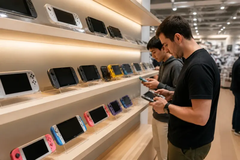 Display of various retro handheld devices on a store shelf
