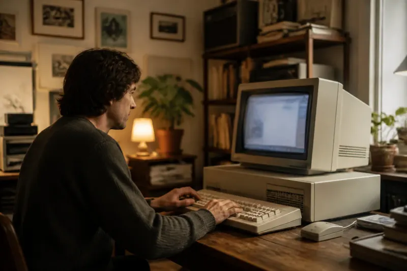 The Haiku OS interface displayed on a vintage-style computer setup, showcasing its distinct windows and layout.
