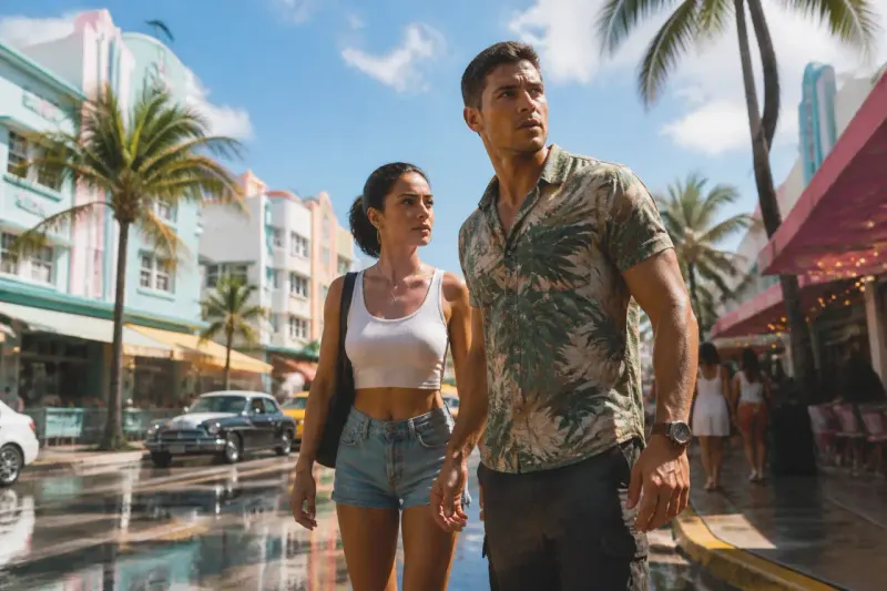 A vibrant scene depicting Vice City with characters Jason and Lucia in action.