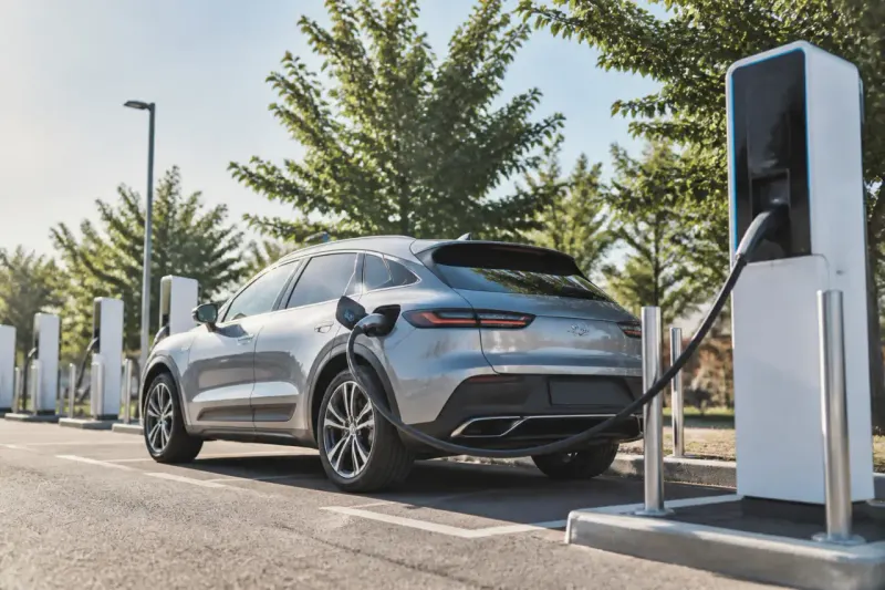 A Genesis Electrified GV70 connected to a fast charger at a charging station.