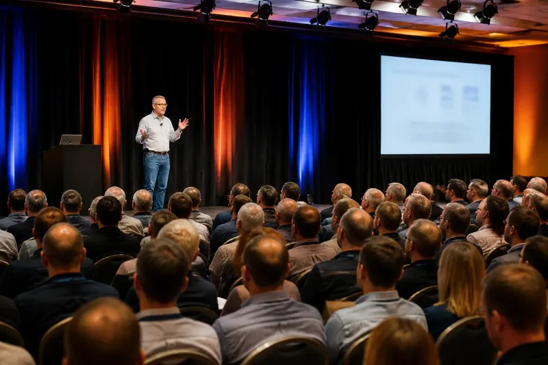 A conference speaker discussing agent security on stage at a tech event.