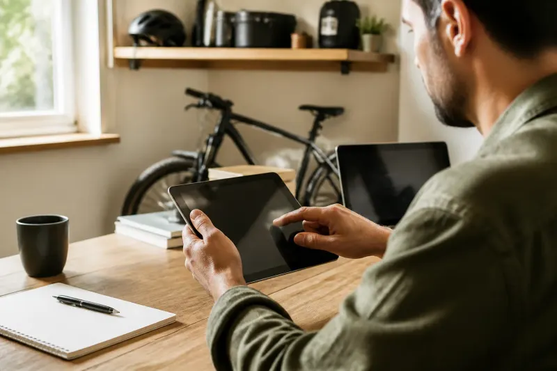 A person reviewing the pricing history of the Heybike Mars 2.0 on a tablet at a desk.