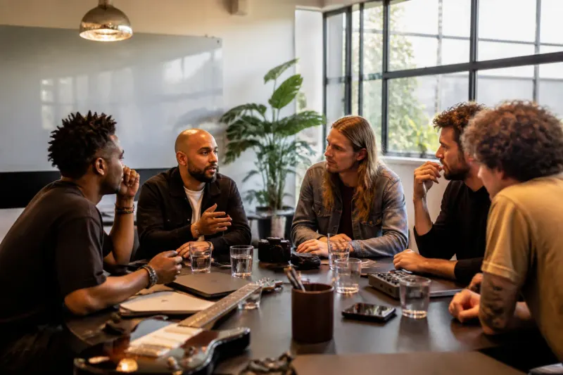 A gathering of musicians discussing the future of music in a cozy meeting space, sharing ideas on AI's impact.