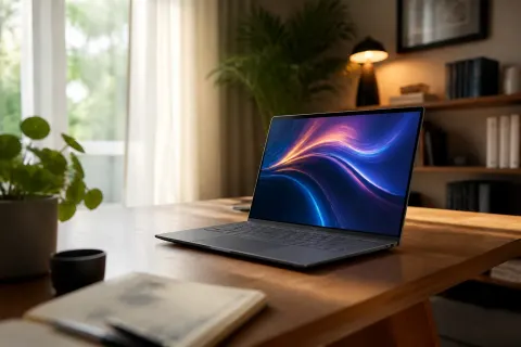 Lenovo Pro 9i Aura Edition laptop on a desk with vibrant display