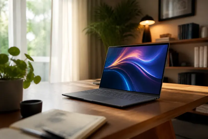 Lenovo Pro 9i Aura Edition laptop on a desk with vibrant display