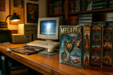 A nostalgic display of MegaPak gaming compilations from the 1990s.