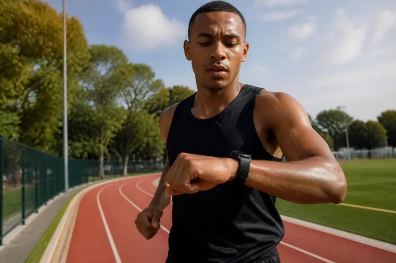 An athlete running while wearing the Samsung Galaxy Watch 9, focusing on its fitness tracking capabilities.