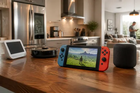 Various household devices including a Nintendo Switch and smart appliances