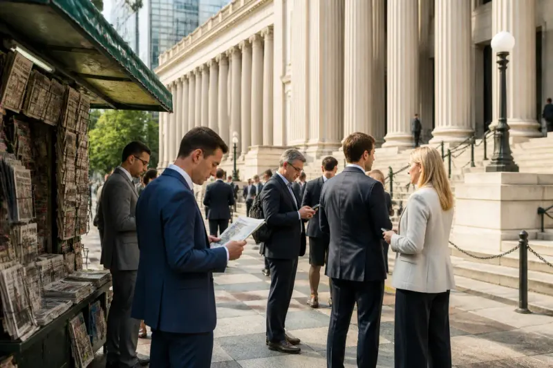 A crowd of people near a newsstand outside the U.S. Treasury building discussing financial announcements.