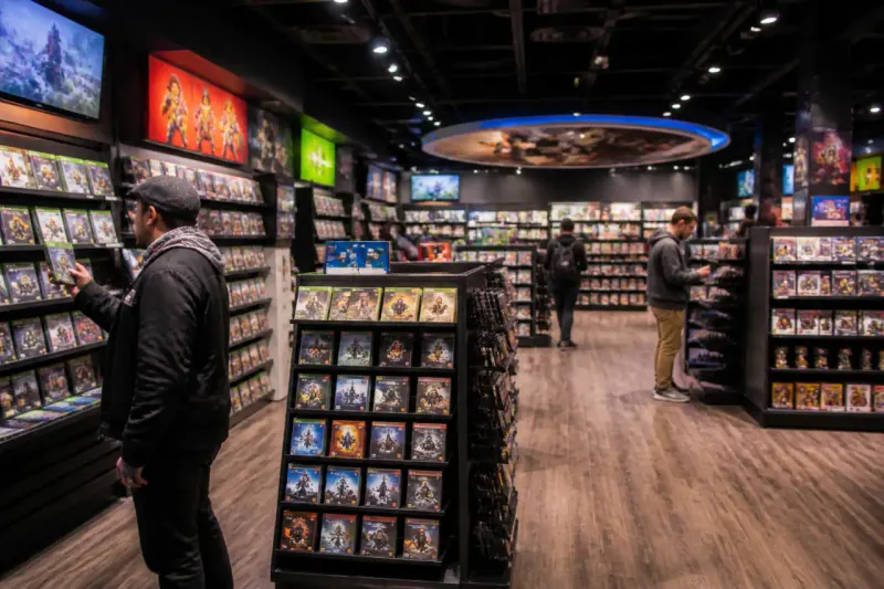 A display showing various video game genre titles in a vibrant shop setting.