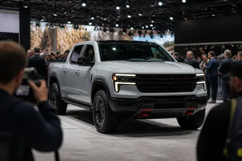A Ford Fathom pickup truck on display at an auto show with an audience.