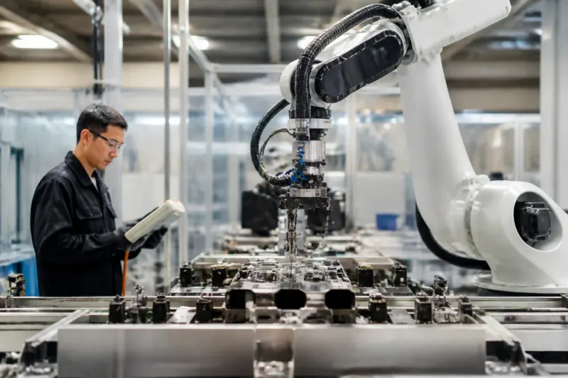 A robotic arm assembling parts on a workbench in a manufacturing facility.