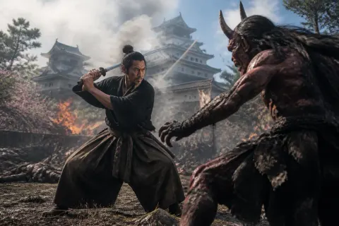 A dramatic battle scene featuring Musashi wielding his sword against a demonic enemy in Onimusha: Way of the Sword.