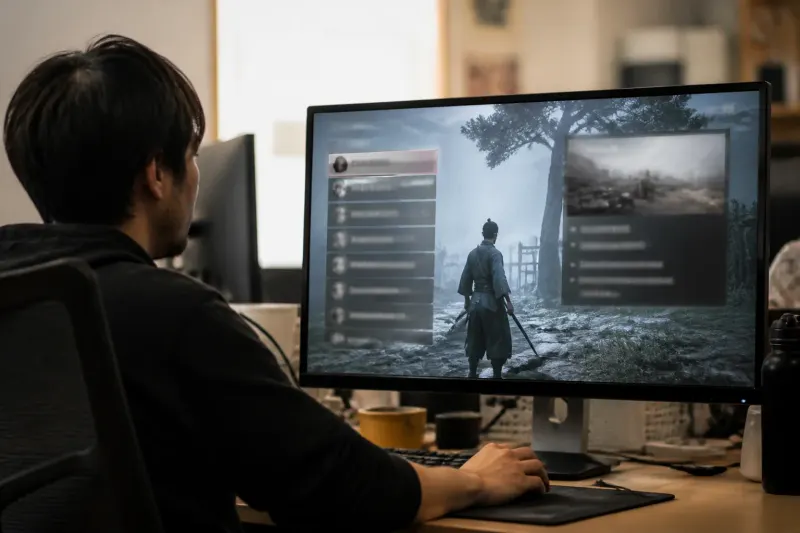 Gameplay interface showing side quest selection menu and quests list.