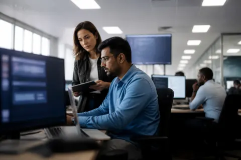 A modern IT office with professionals managing file server systems
