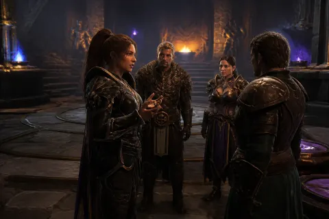 A dramatic in-game scene of World of Warcraft featuring players in a raid team preparing for a Mythic Plus challenge.