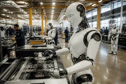 A diverse robotics manufacturing facility in action with various robots on display.