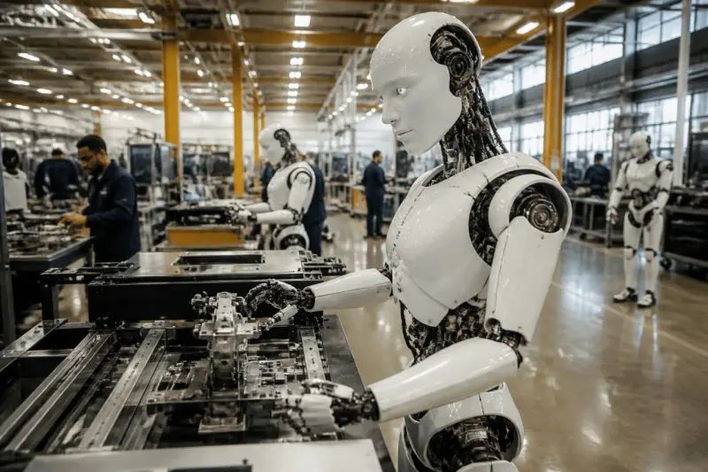 A diverse robotics manufacturing facility in action with various robots on display.