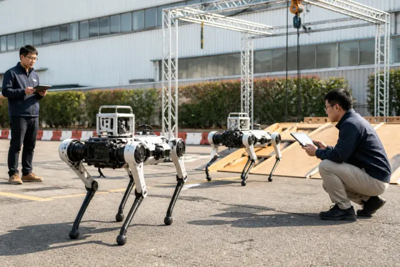 A bustling factory courtyard where robots are actively being tested.