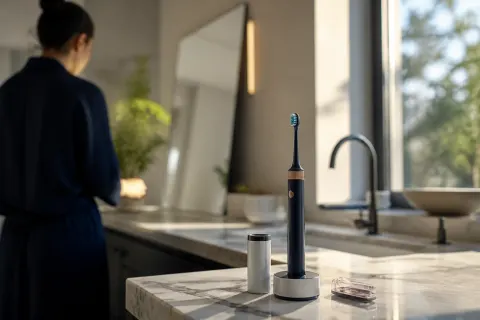 Dyson CameraJet toothbrush on a bathroom counter with modern decor