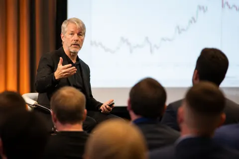 Michael Saylor discussing Bitcoin strategies in a financial conference