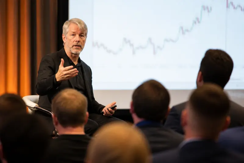 Michael Saylor discussing Bitcoin strategies in a financial conference