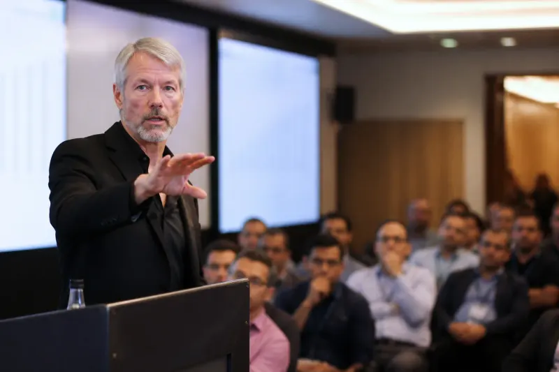 Michael Saylor discussing Bitcoin strategies in a financial conference