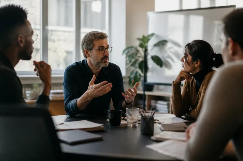 A group of researchers discussing the implications of AI ethics.