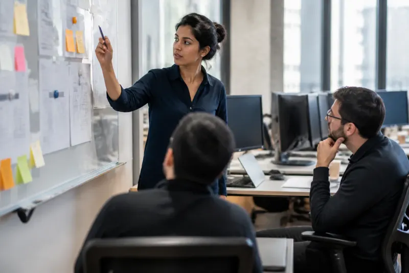 A group of cybersecurity professionals discussing strategies in an office.
