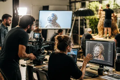 A film production set with advanced AI technology in use, showcasing the blend of technology and creativity.