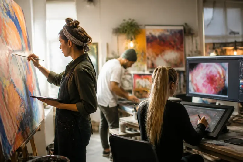 Studio artists working on AI-generated images alongside traditional art forms.