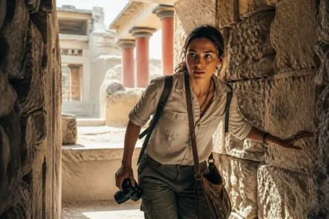 A dynamic scene from Resonance: A Plague Tale Legacy with character Sophia in action while exploring vibrant Mediterranean ruins.