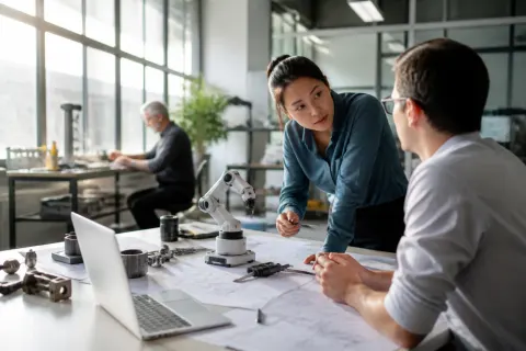 A team of diverse engineers collaborating on automation project proposals in a modern workspace.