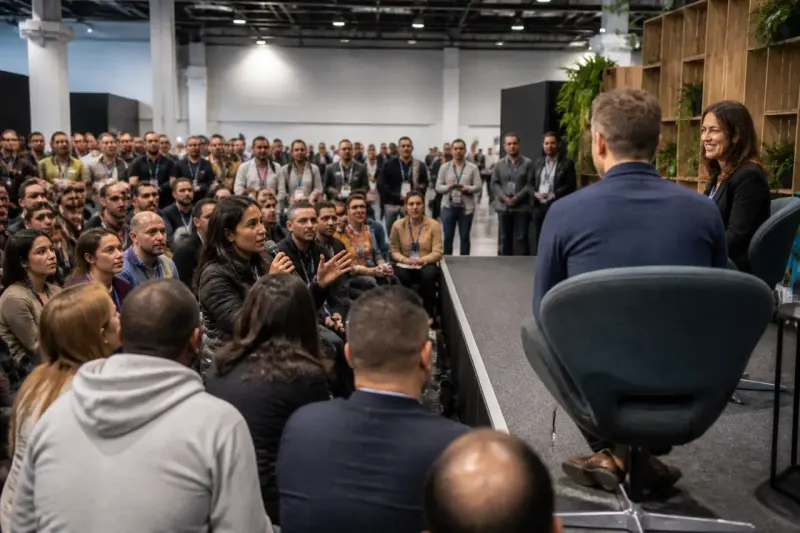 Attendees engaged in discussion at TechCrunch Disrupt 2026 Builders Stage.