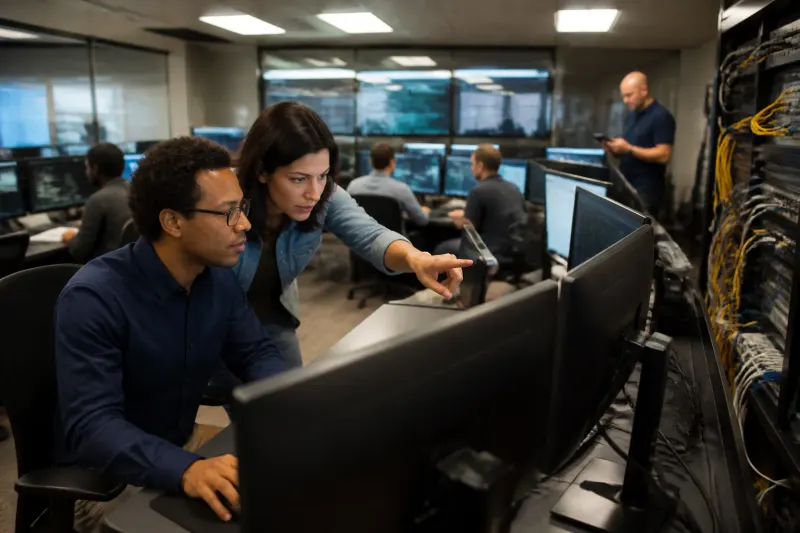 Technicians assessing a network operations center for ransomware threats.