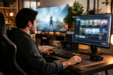 A gamer using Steam on a multi-monitor setup showing Big Picture mode on a TV and Steam interface on a desktop monitor.