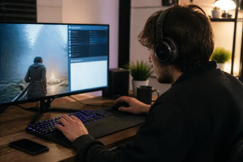 A gamer typing notes into Steam's overlay during gameplay with graphics of objectives and clues.