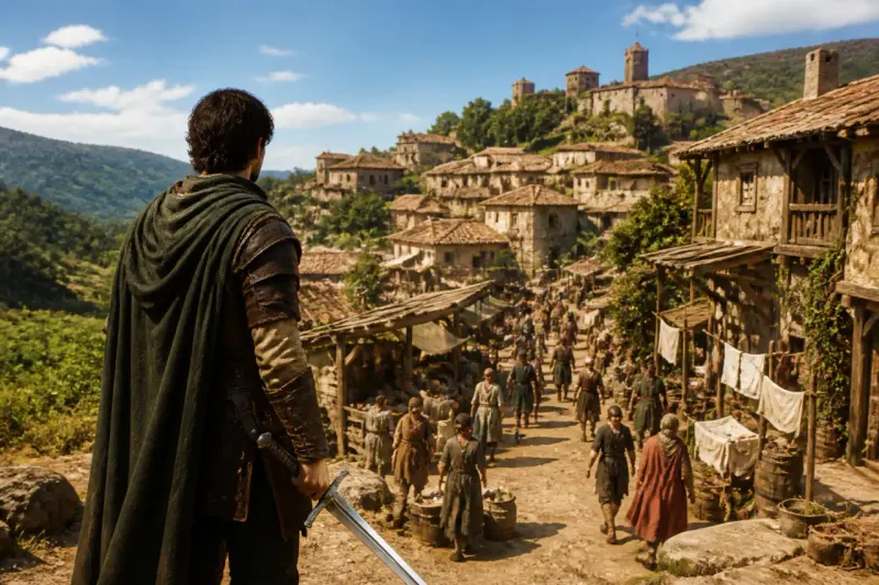 A scene depicting the protagonist Coen preparing for an adventure in Blood of Dawnwalker.
