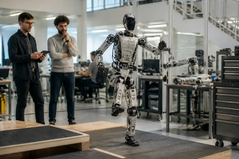 A humanoid robot demonstrating its capabilities in a workshop setting.