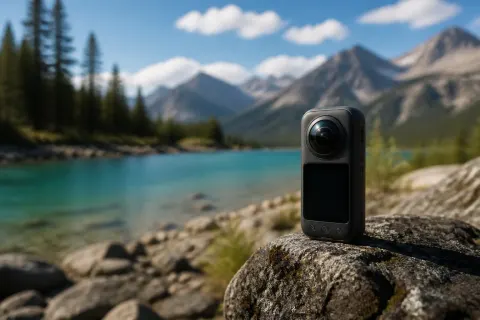 DJI Osmo 360 II camera displayed in an outdoor setting with vibrant scenery