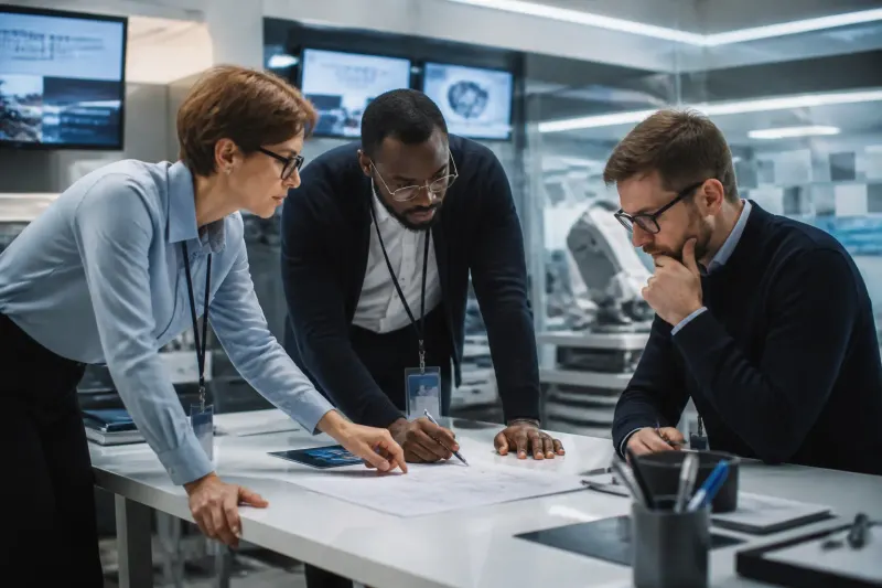 A tech team brainstorming safety guidelines for AI technology in an innovation lab.