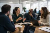 A team meeting in a cybersecurity office discussing infostealer threats.