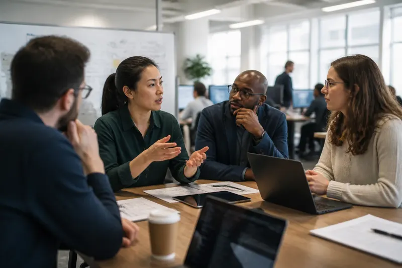 A team meeting in a cybersecurity office discussing infostealer threats.