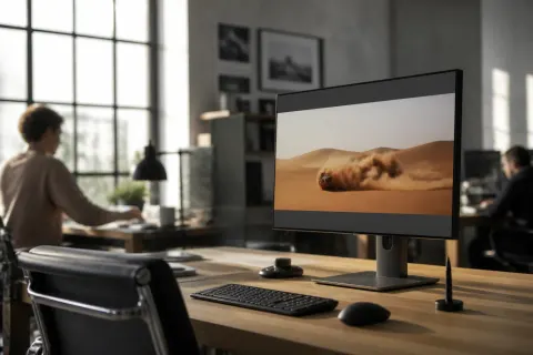 BenQ Creative Pro PD2732U monitor on a desk showcasing its sleek design.